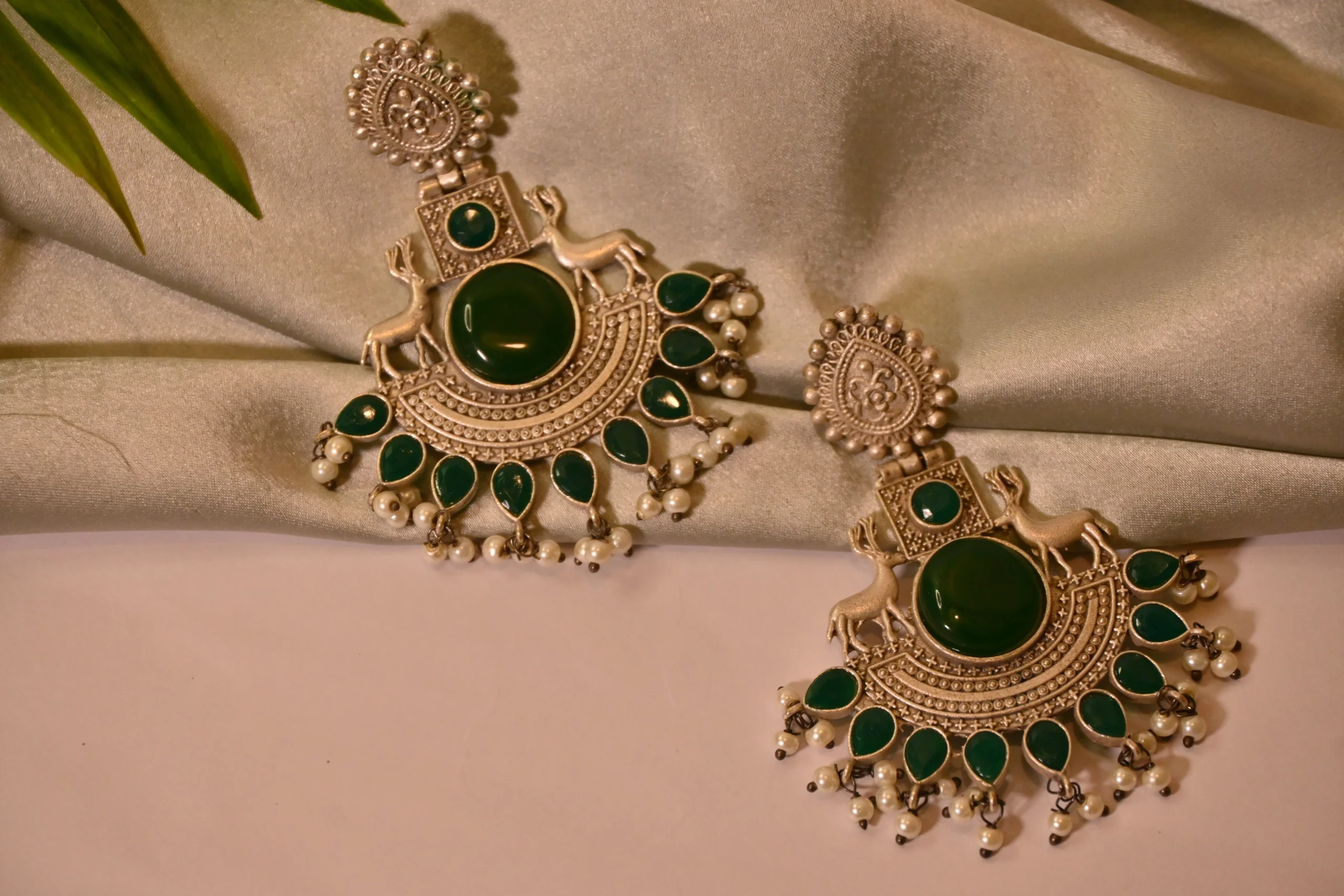 Green Stone-Studded Oxidised Earrings