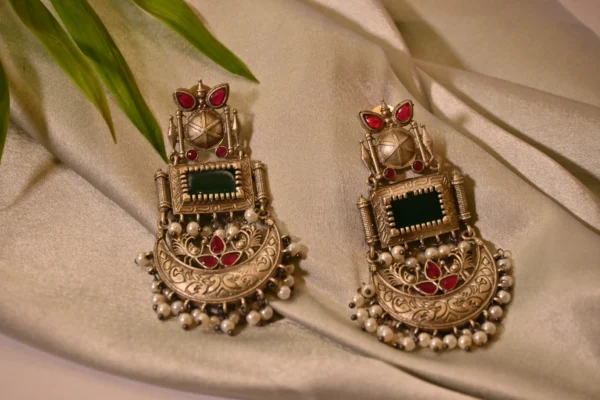 Stone-Studded Oxidised Statement Earrings