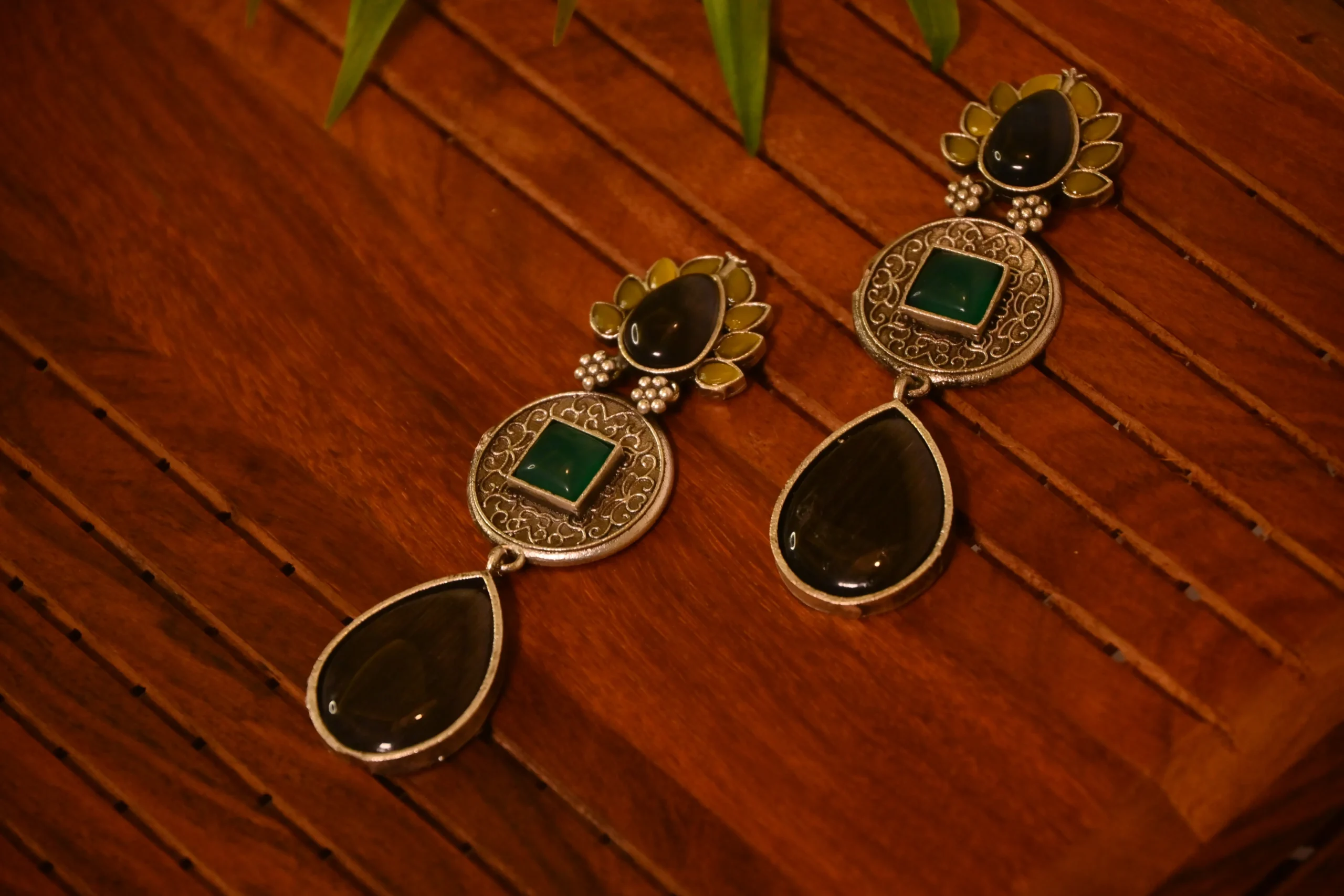 Stone-Studded Oxidised Dangler Earrings